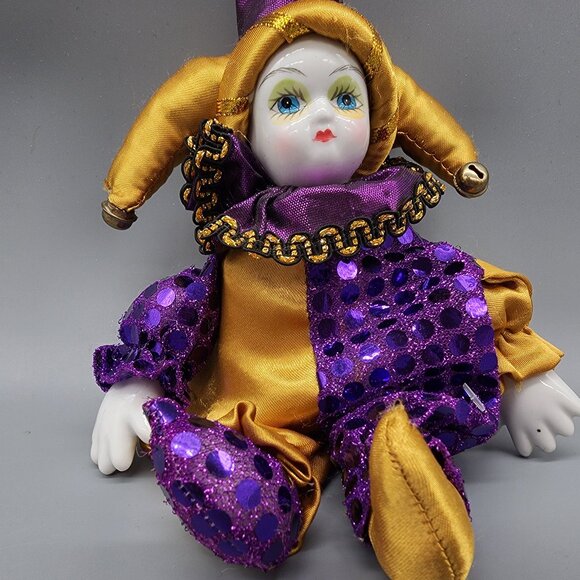 Vintage Porcelain Clown Doll Jester Mardi Gras Harlequin 8" Purple Gold - Picture 3 of 6